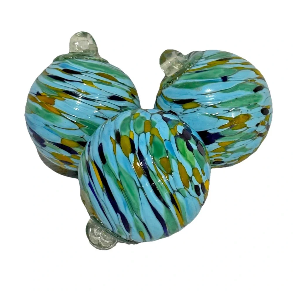 Vintage Hand Blown Blue Green Iridescent Art Glass Christmas Tree Ornaments Orbs